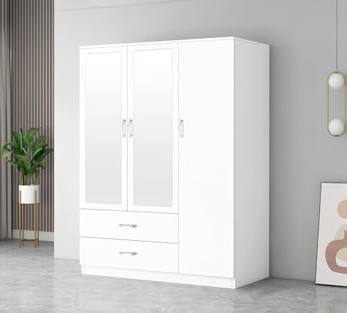 Wardrobe Bedroom Furniture Range -3 Door 2 Drawer & Mirror- High Glossy Bedside Large Drawers & Wardrobes (White)