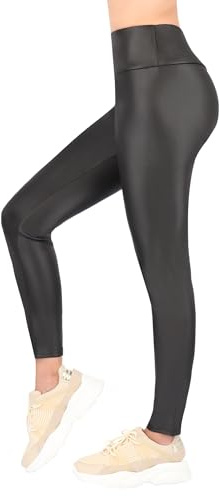 FUTURO FASHION Dam glänsande blöta look leggings – rumplyft hög midja icke genomskinlig design stretchig och andningsbar idealisk för vardaglig fest fitness olika färger storlekar S till 5XL, Svart,