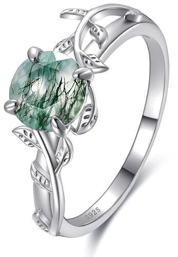 Bonlavie Moss Agate Rings for Women Engagement Wedding Rings 925 Sterling Silver Cubic Zirconia Ring Jewelry Gift for Her Size J 1/2-S
