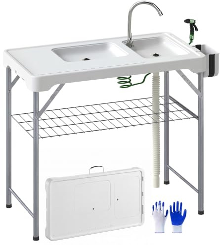 Outsunny Mesa para Limpiar Pescado con 2 Fregaderos 108x58x92 cm Blanco | Portátil, Mesa Plegable para Camping, Manguera de Drenaje, Estación de Limpieza y Grifo, para Pesca Barbacoa