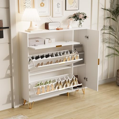 PerGar Moderner Schuhschrank, Schuhregal Flurschrank mit 1Türen und 3 Ablagen, Stauraumorganisation Schuhständer Regal, Schuhkommode Flurschrank für Flur, Eingangsbereich, Schlafzimmer, Weiß