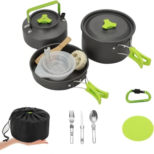 M.J COMFY-LIFE 15pcs Camping Cookware Kit Camping Pots and Pans | Camping Cookware Kit with Stainless Steel Cups Plates Forks Knives Spoons for Outdoor Cooking/Picnic/Travel/Camping/Hiking