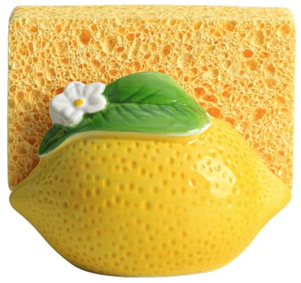 Bicuzat Ceramic Lemon Shape Sponge Holder for Kitchen Sink, Compact Sink Caddy Organizer, Scouring Pad and Dish Sponge Holder