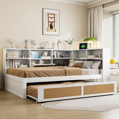 Daybett Doppelbett 140x200 cm, Tagesbett mit Ausziehbett und Stauschrank & Bücherregal, Kinderbett mit Ladebuchse, Holzbett Jugendbett Funktionsbett, Bettgestell mit Lattenrost, Ohne Matratze, Weiß