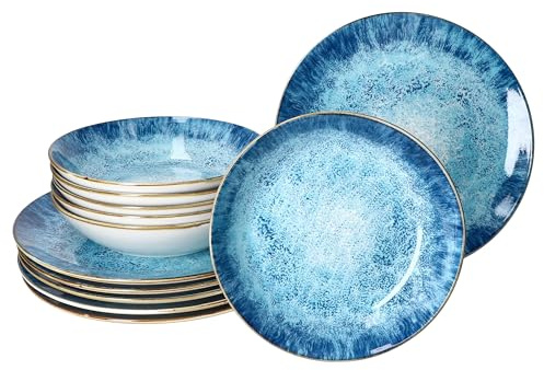 MamboCat Marina 12tlg Tafelservice I blaues Porzellan-Geschirr mit maritimem Design für 6 Personen I Ozean-Dekor, Gischt I 6x Suppenteller & 6x Speiseteller für Frühstück, Mittag & Abendbrot