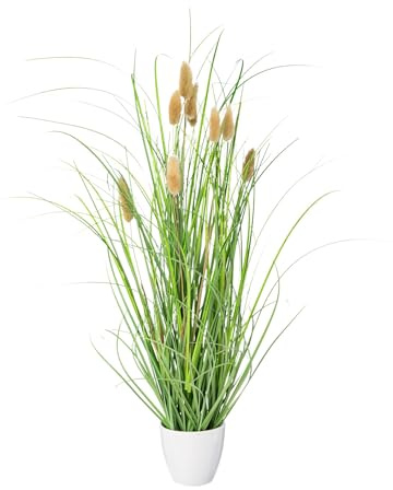 CREATIV green künstliches Gras im weißen Topf 50 cm mit echten getrockneten Wedeln I künstliches Ziegras im Topf I dekoratives Schilfgras für Innen I hochwertige & dekorative Kunstpflanze