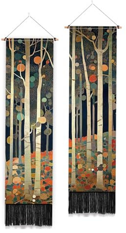 PLIGREAT Confezione da 2 arazzi vintage da appendere alla parete, con albero astratto con nappe, dipinto a olio, lungo e stretto, per camera da letto, soggiorno, decorazione artistica verticale, 130 x