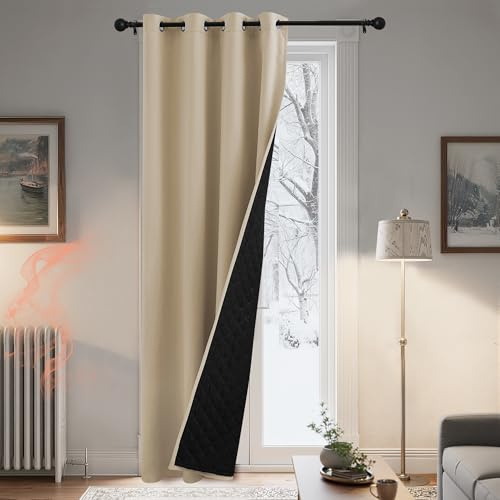 PONY DANCE Cortina Termica Aislante Frio y Calor de Dos Capas para Puerta, Cortinas Opacas con Forro Grueso para Salon/Dormitorio con Ojales 1 Pieza,140x240cm,Beige Oscuro