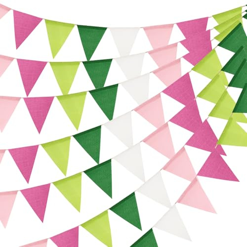 jijAcraft Wimpelkette Outdoor Wetterfest Rosa-Grün-Weiß: 20 m Girlande | 5 Stück Wiederverwendbar Wimpelgirlande mit 60 Wimpel für Garten, Waldhochzeit, Geburtstag, Frühlingsdeko
