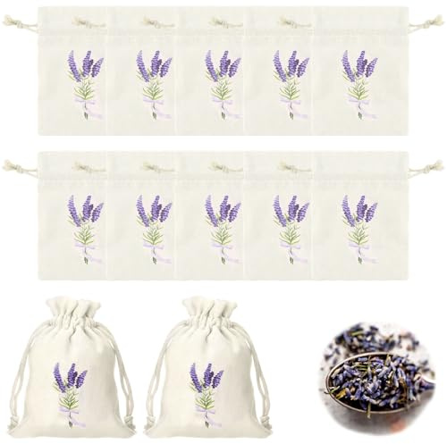 12 stycken lavendelpåsar, tom, lavendelmönstrade, små påsar att fylla, lavendel doftpåsar tom, lavendelblommor bomullspåsar, tom med dragsko för smycken, kryddor, örter (variant A)