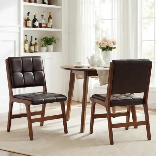 Ckaff Esszimmerstühle 2er Set, Küchenstühle aus Holz, Stuhl Esszimmer Wohnzimmer Polsterstuhl Armlehnstuhl mit Rückenlehne für Esszimmer Küche Wohnzimmer, PU, Schwarzbraun