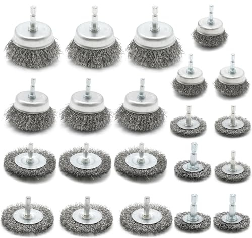 Hoypeyfiy 21Pcs Wire Brush Set, 1/4 Inch Hex Shank Coarse Carbon Steel Crimped Wire Wheel Brush Set, for Removal of Corrosion Rust Paint