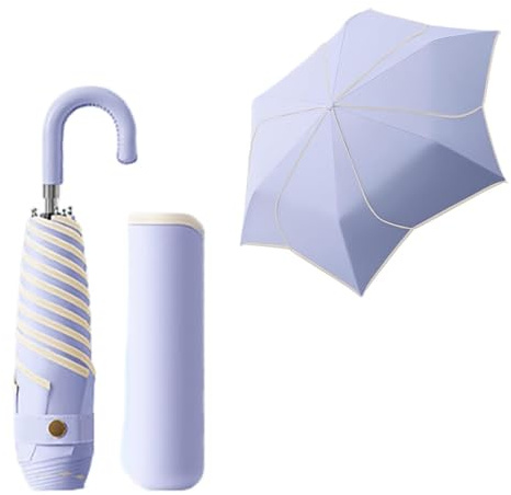 Paraguas Plegable Compacto de Viaje con Forma de Pétalo y Mango Gancho de Cuero PU/6 Varillas/Sombrilla Portátil/Ligero/Protección UV/UPF 50+/Lluvia y Sol/Recubrimiento de Teflón/Mujeres y Niños