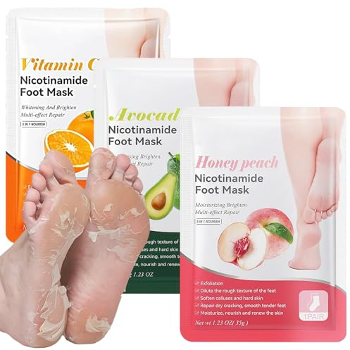 3 Paia Maschera Piedi Esfolianti, Rimuove Pelle Morta Ripara Talloni, Maschera Piedi per Pelle Secca e Talloni Screpolati, Cura Piedi Donna e Uomo, Avocado, Pesca e Arancia