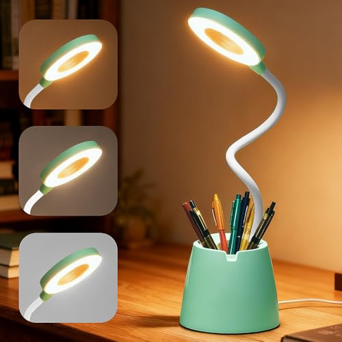 Nzkeuf Schreibtischlampe Kinder, LED Schreibtischlampe für Kinder mit USB, 3 Lichtmodi und Dimmbar, Tischlampe mit Stifthalter & Handy Ständer, Geschenk für Junge, Mädchen, Grün