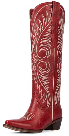 Modatope Red Wide Calf Cowboy Boots for Women Red Knee High Cowgirl Boots Embroidered Pointed Toe Chunky Heel Western Boots Pull On Size 7.5