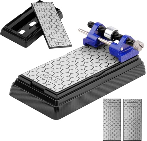 Aolso Piedra Afilar Diamante Doble Cara, Grano 400/1000 Piedra Afilar Cuchillo, Placa de Afilado con con Guía de Afilado de Metal, Base Antideslizante y Rueda, para Cuchillos de Cocina Exteriores