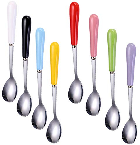 Set of 8 Dinner Spoons, Stainless Steel Iced Teaspoon with Ceramic Handle Soup Tablespoons Espresso Candy-Colored Coffee Spoons Mixing Spoon 5.7-Inch Long - Mixed Color