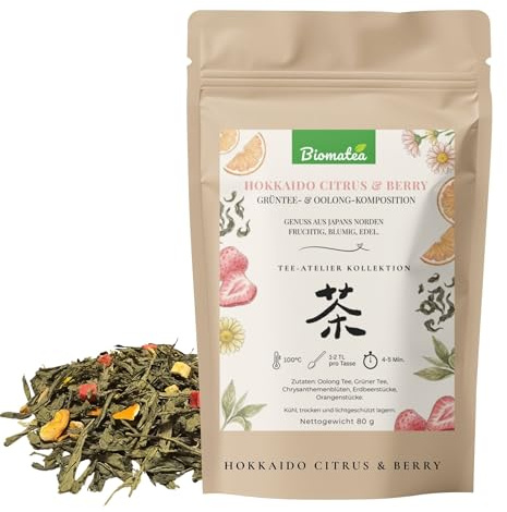 Biomatea Hokkaido Citrus & Berry, Tee-Atelier Kollektion – Premium Oolong & Grüntee Mischung (70g) – Mit Erdbeeren, Orange & Chrysanthemen – Japanische Tee-Spezialität aromatisiert