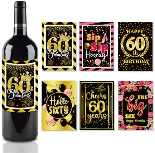 URYVAIW Etichette per Bottiglia 60° Compleanno Set da 6, Nero & Oro Etichette Vino, Decorazioni Compleanno Uomini & Donne, Autocollanti, Regalo