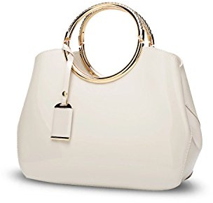 NICOLE & DORIS Damen Handtasche Lackleder Clutch Henkeltasche Abendtasche Umhängetasche wasserdichte Schultertaschen Mode Tasche mit Abnehmbarem Schultergurt Cremeweiß