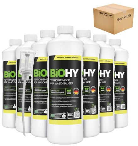 BiOHY Teppichreiniger für Waschsauger (9 x 1 Liter) + Dosierer | geeignet für alle Waschsauger | entfernt Flecken und Schmutz mühelos | Reinigung und Pflege in nur einem Arbeitsgang