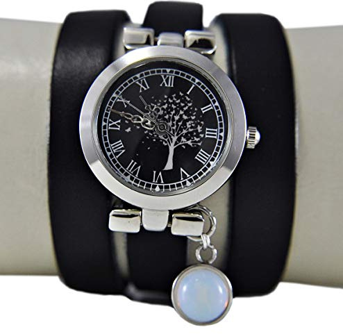 Bezaubernde Damen-Armbanduhr mit Schmetterlingsbaum - Schwarz - Uhr - Silber - Edelstein - Opal - Geschenk für Sie - Schmuck-Geschenk - Handmade Geschenk - Personalisiert