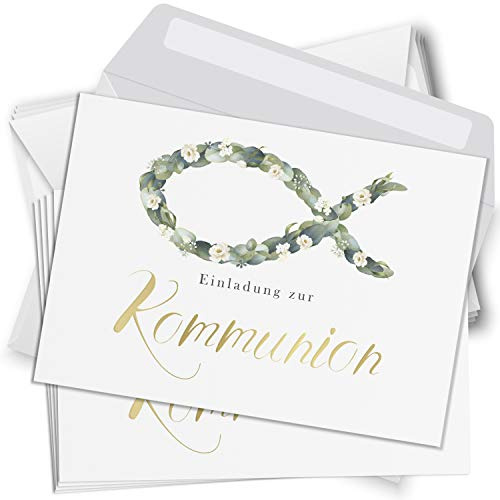 10 Einladungskarten Kommunion mit Umschlägen Motiv Fisch Einladung weiss Karten zur Feier Jungen Mädchen rosa blau