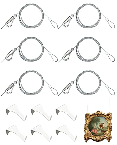 Bild hängande kit – bildskenskrokar med 6 av varje vit skena, 182 cm osynlig ögla-sladd, 6 justerbara krokar – rostfritt stål bildgjutningshängare nylon och stålkabel (6-pack)
