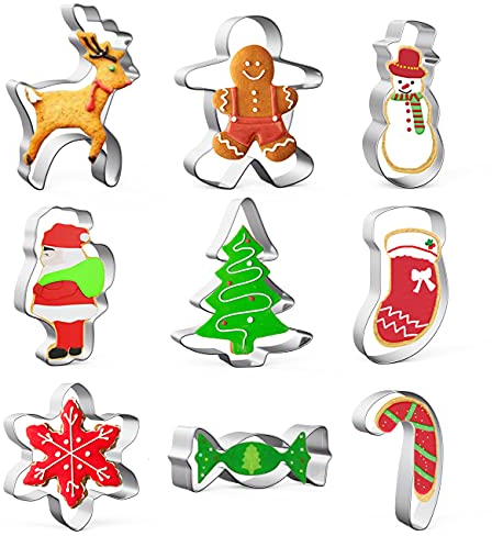 Christmas Cookie Cutter Set, 9 Pieces Stainless Steel Christmas Biscuit Cutters Shapes- Gingerbread Boy, Christmas Tree, Snowflake, Reindeer, Snowman, Santa, Claus, Socks for Cookie DIY Baking