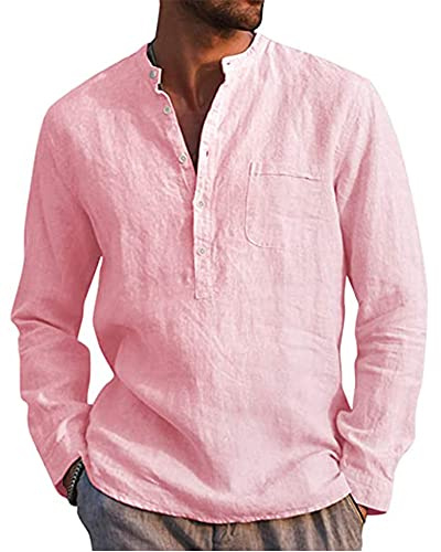 LVCBL Chemise Hommes À Manches Longues Henley Chemise D'été Hommes Chemise Décontractée Chemise en Lin Coupe Régulière