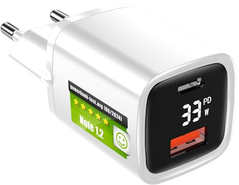 Eaxus® USB A + USB C Ladegerät mit Display - 2 Port 33W USB Netzteil mit Power Delivery / QC4.0 & Schnellladefunktion, Weiß