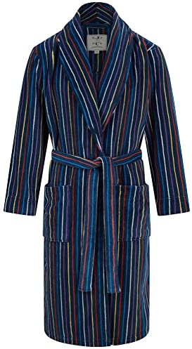 John Christian Supeweicher Fleece-Morgenmantel, Marineblau mit mehrfarbigen Streifen