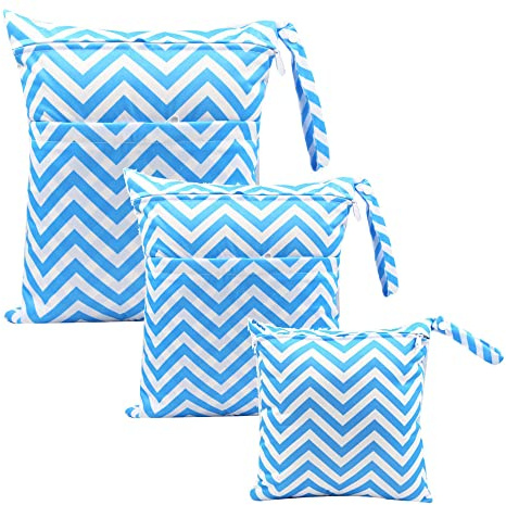 Treer 3 Stück Baby Windeltasche für Unterweg, Stoffwindeln Nasstaschen Wiederverwendbar Wasserdicht Waschbar Windeln Organizer Beutel mit Mode Streifen Muster und Reißverschluss (Blau)