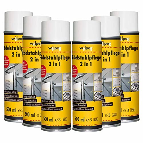 WILPEG Edelstahlpflege 2in1 500ml | Reinigungs-Spray für Metall & Alu | 6er | Pflegespray gegen Fett, Öl und Kalk | Schlierenfrei mit Langzeitschutz | Reicht für 80 m² | Glanz ohne Streifenbildung