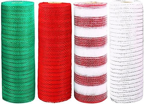 KAHEIGN 4Pcs Weihnachten Dekoband Deko Mesh Band, 26cm x 9,14m pro Rolle Metallfolie Wickelstreifen Geschenkband Baumband Dekobänder Poly-Mesh-Band für DIY Schleifen Kränze Girlanden Deko