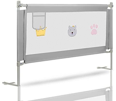 Herrselsam 180 cm Kinder bettgitter, Bettschutzgitter Höhenverstellbar, Rausfallschutz Bett für Kinder, Kinderbettgitter mit luftiges Netz, für Familienbett und Kinderbett, Grau