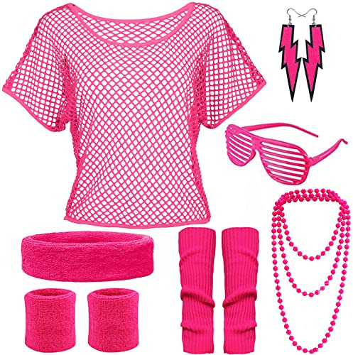 YADODO 90er 80er Jahre Outfit Damen Mottoparty Netzoberteil mit Accessoires Neon Party Outfit Kostüm 80er Jahre Damen Aerobic 80er Jahre kleidung Typisch Off Shoulder Netzshirt Frauen 80er Rosa