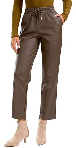 SANTINY Women's Faux Leather Pants High Waisted Straight Leg Cropped Ankle Trousers Vegan Matte Pleather Pants for Women Full Length(Brown_M)