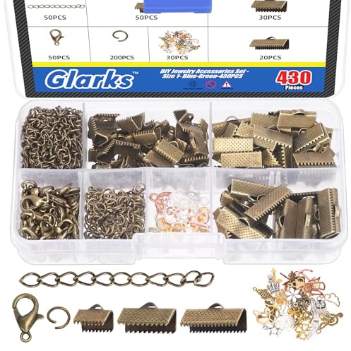Glarks 430Pcs Bronze Band Armband Kit Lesezeichen Pinch Crimp Enden Hummer Verschlüsse mit offenen Sprung Ringe und Kette Extender für DIY Herstellung Lesezeichen Pinch Armband Choker Halskette