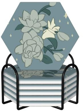 Sechseckige Keramik-Kork-Untersetzer, 6 Stück, weißes Bauhinia-Muster, rutschfester Korkboden, passend für alle Kaffeetassen, Gläser und Tassen ​