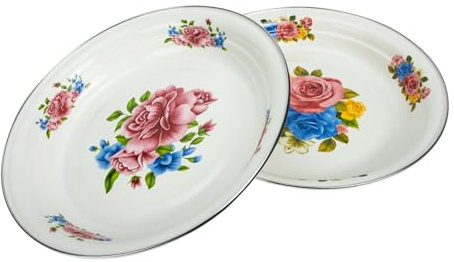 ABOOFAN Gedickte Emaille Platte 2 Stück Gemüse Obst Teller Retro Vintage Mit Blumenmuster Für Zuhause Servierteller Robust Mit Abgerundeten Kanten