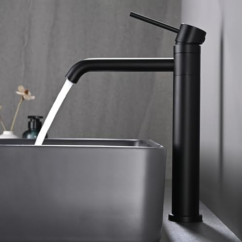 Rubinetto per Lavabo Alto Girevole a 360°, DETBOM Miscelatore per Lavabo Monocomando Acqua Calda e Fredda, Miscelatori per Bagno da Appoggio in Acciaio Inossidabile 304, Aeratore Rimovibile, Nero