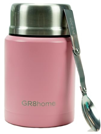 Gr8 Home Vacuum Insulated Thermal Food Flask BPA Free Stainless Steel Food Container with Folding Spoon Lunch Box 500 ml (Pink)