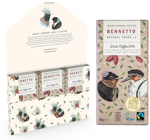 Bennetto Dark Coffee. Rich Arabica coffee in dark chocolate. Strong yet balanced. 60% cocoa. Certified organic, Fairtrade, and net climate positive. 6 x 80g Bars.