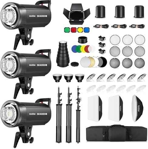 Godox Lot de 3 SK400IIV 1200 Ws 2.4G Speedlite Studio Flash Strobe Monolight Kit pour studio, localisation, photographie de portrait, avec boîte à lumière et support lumineux