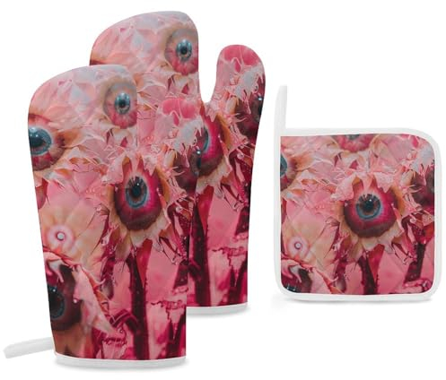 Lot de 3 gants de cuisine et maniques résistants à la chaleur - Gants de cuisine et maniques rouges - Abstrait flou - Gants de cuisine pour cuisine et grillades