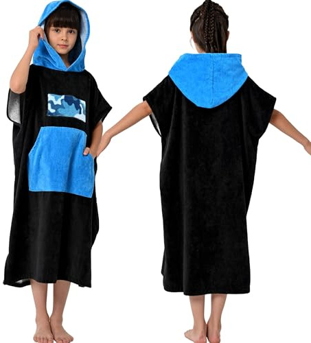 VOOVA & MOVAS Black Cotton Hooded Towel with Pocket for Teens | Big Kids, 8-14Years, Absorbent Terry Cloth Poncho Towel for Girls｜Boys, Wearable Towel for Pool, Beach, Bath,Swim