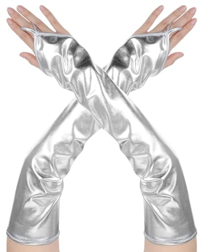Yolev Fingerlose Handschuhe Lange Metallic Silber Halloween Damen