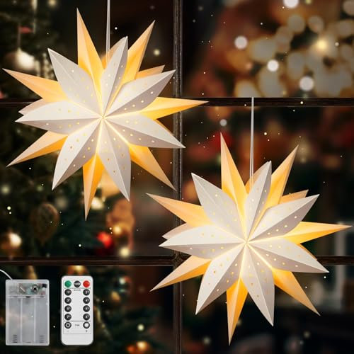 Lewondr Papier Stern Dekoration 2 Packungen, Weihnachten Papier Stern Laterne mit Fernbedienung, DREI Lagen Papierlampen mit Siebenzackigem Stern, Weihnachten Lichter für Urlaub Home Decoration